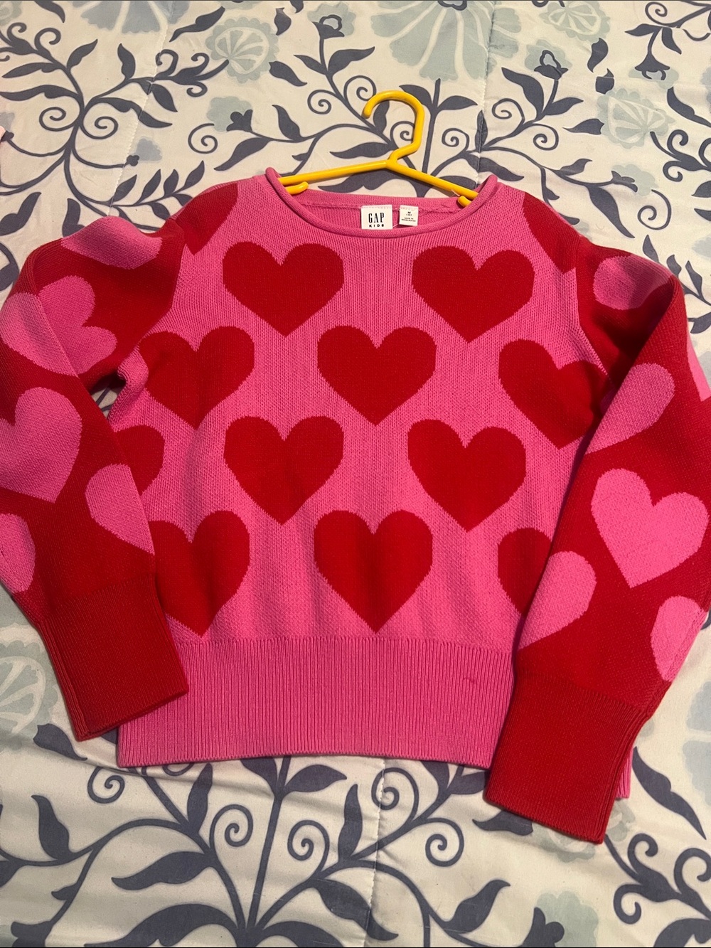 GAP Pink and Red Heart-Print Crewneck Sweater